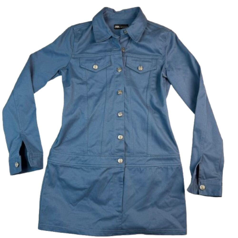 Zara Cotton Shirt Dress Blue Button Front Long Sleeve Utility Mini Dress Size S